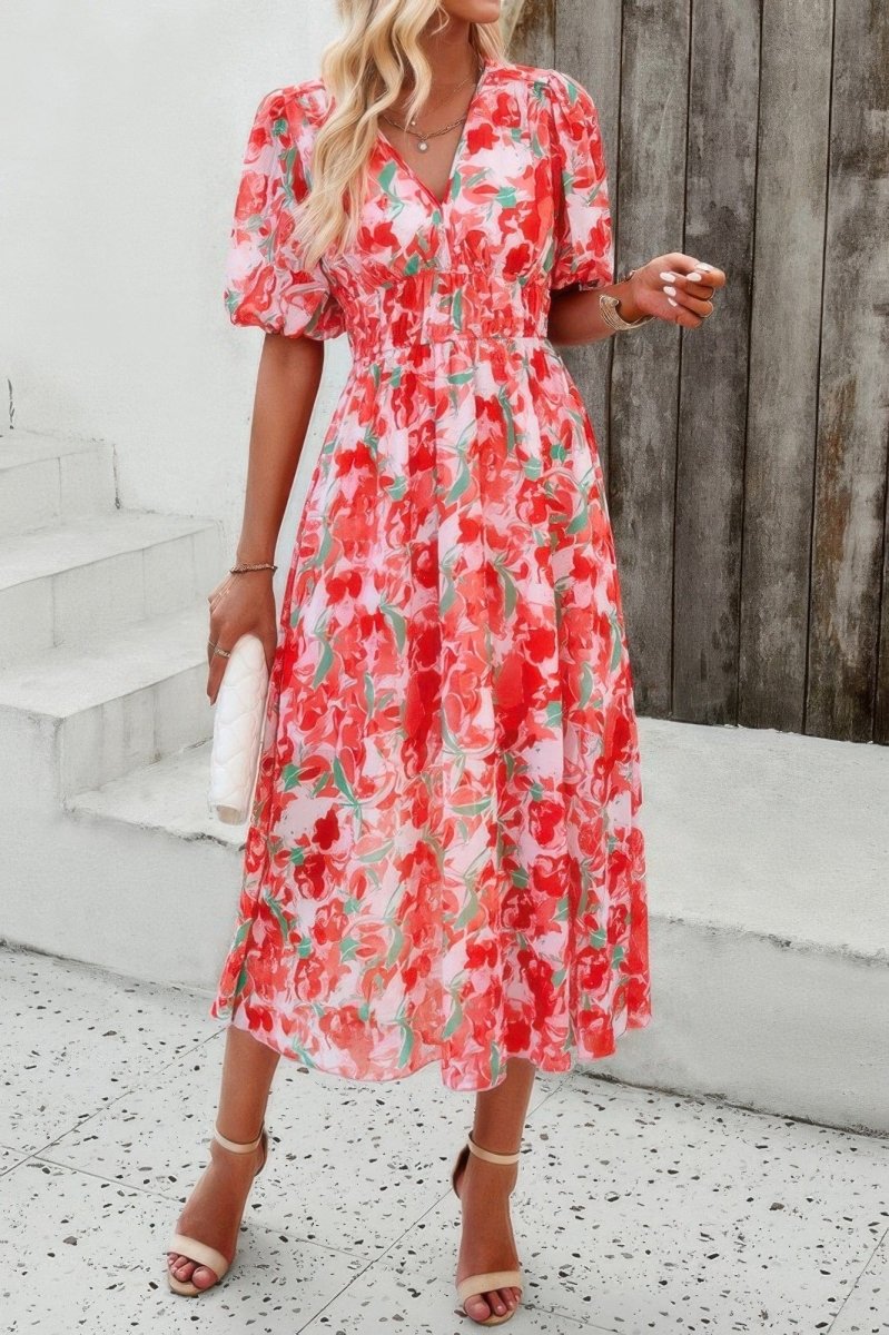 Floral V Neck Puffed Sleeve High Waist Dress - Demented Sisters