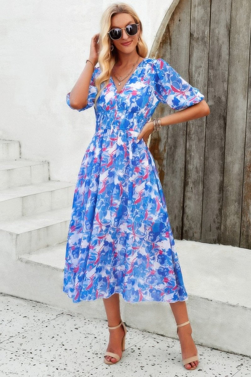 Floral V Neck Puffed Sleeve High Waist Dress - Demented Sisters