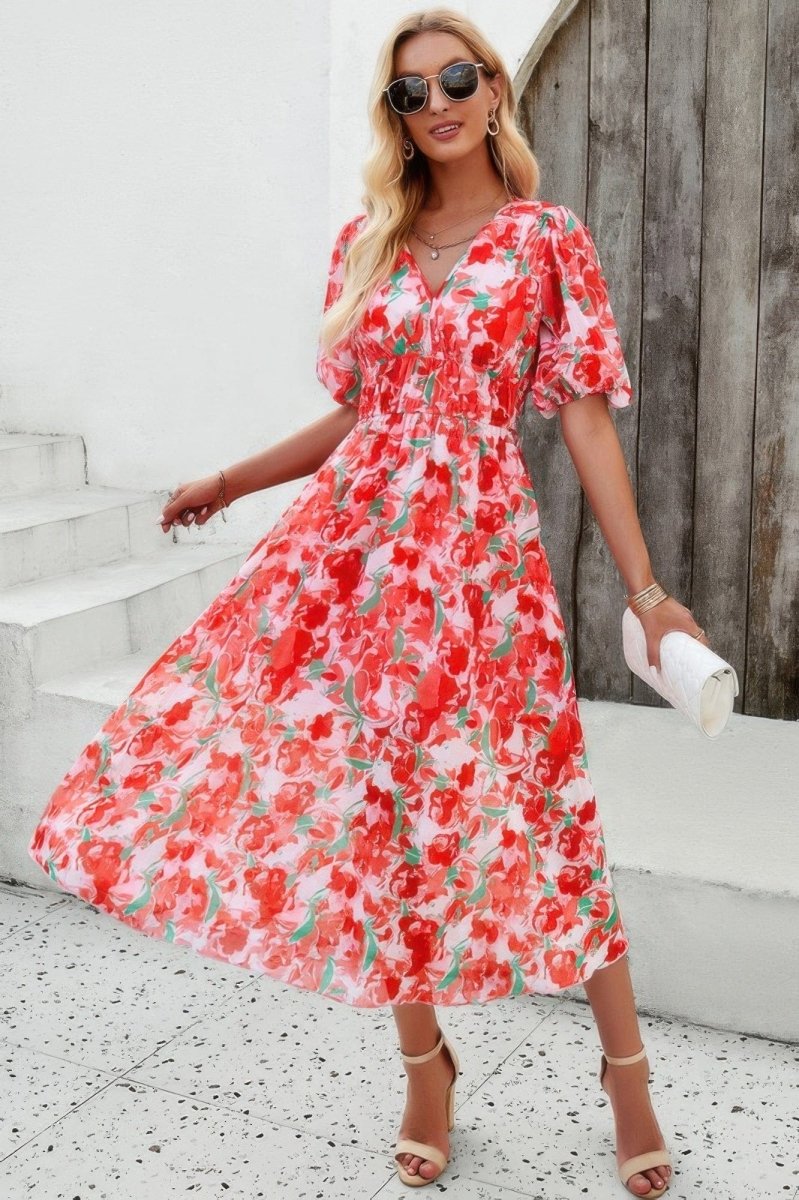 Floral V Neck Puffed Sleeve High Waist Dress - Demented Sisters