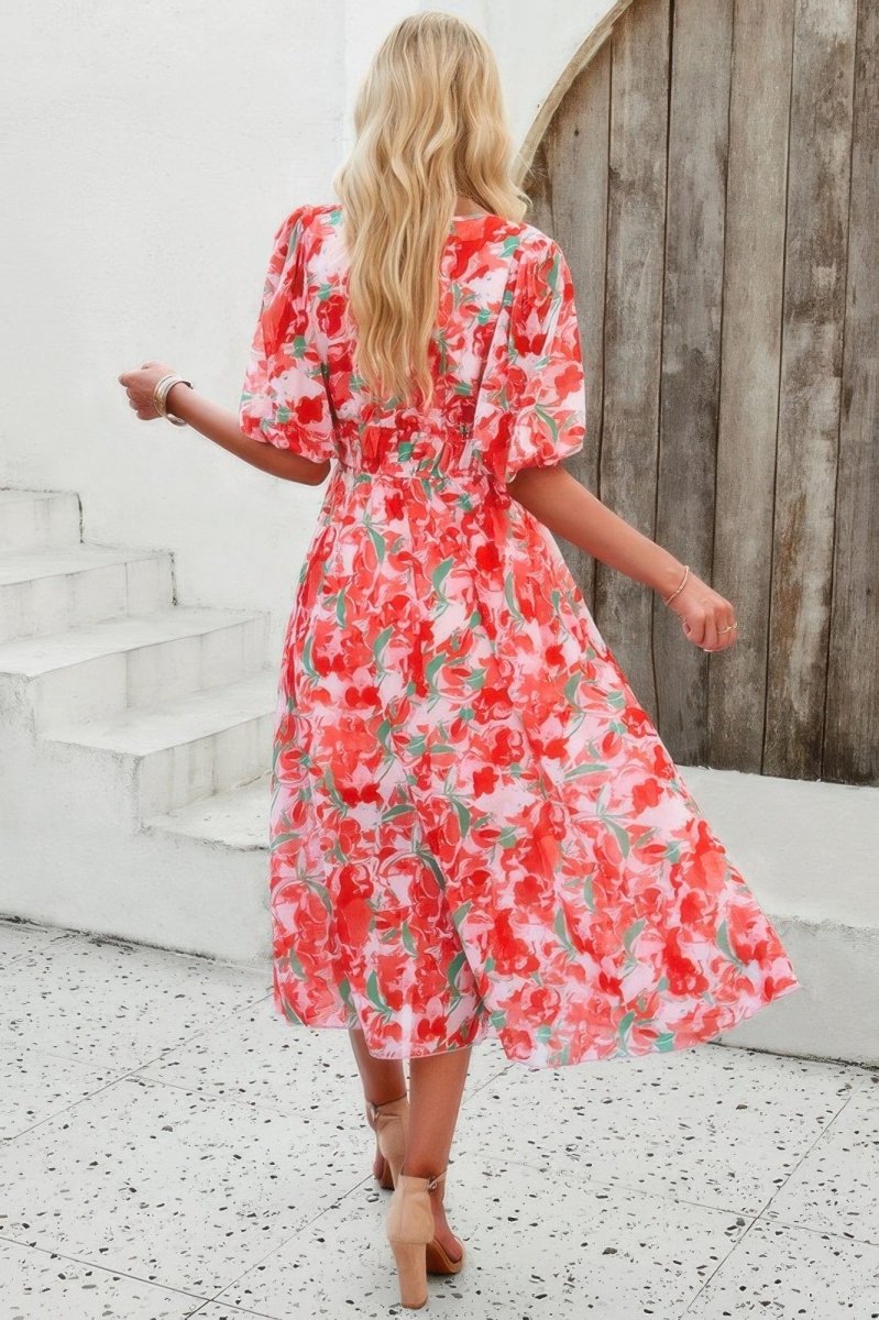 Floral V Neck Puffed Sleeve High Waist Dress - Demented Sisters