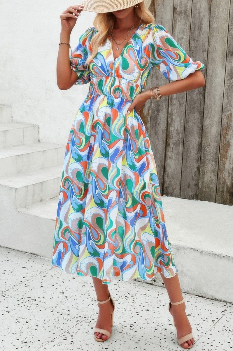 Floral V Neck Puffed Sleeve High Waist Dress - Demented Sisters