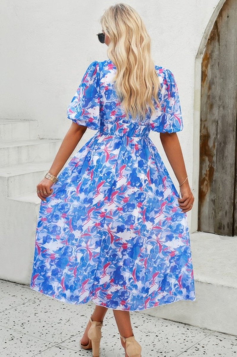 Floral V Neck Puffed Sleeve High Waist Dress - Demented Sisters