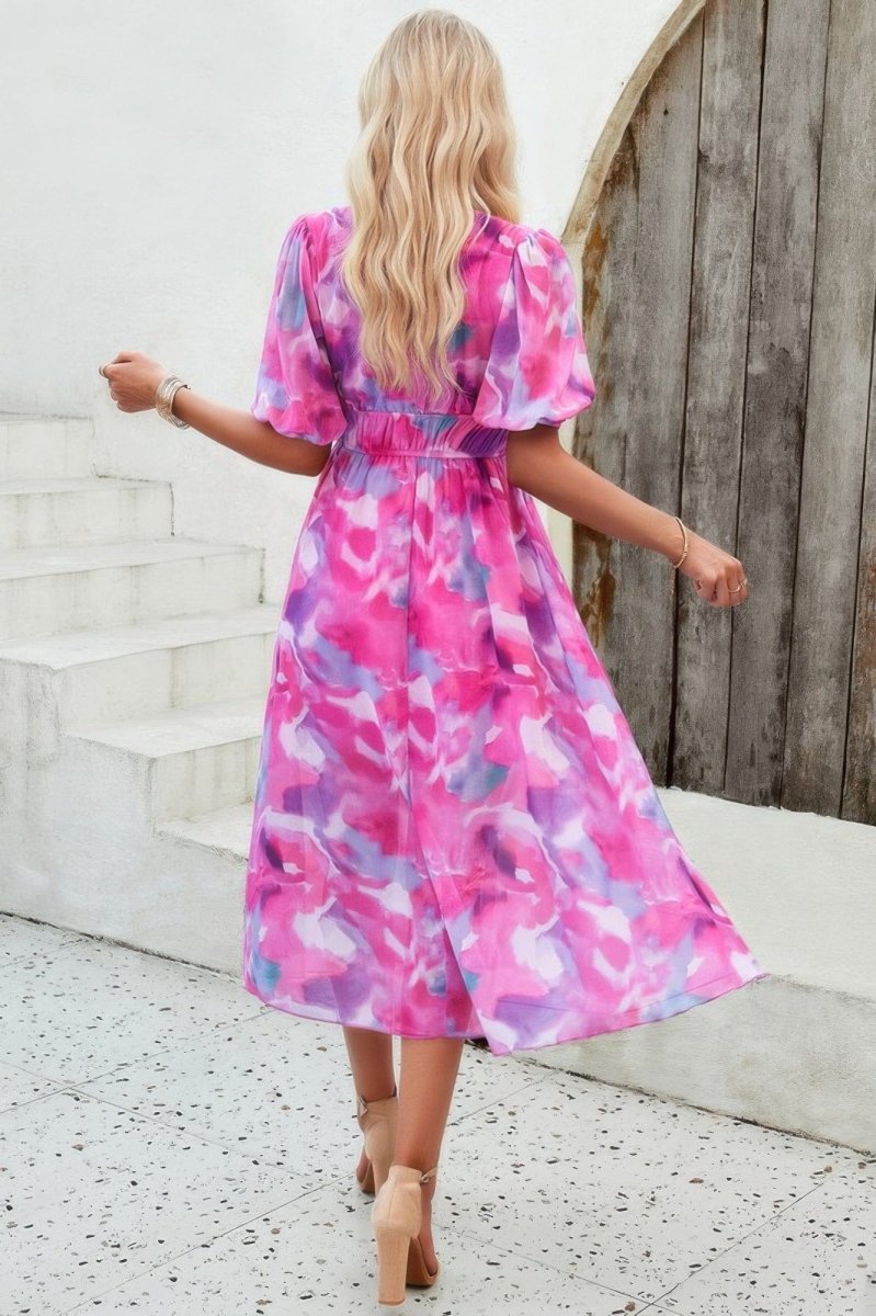Floral V Neck Puffed Sleeve High Waist Dress - Demented Sisters