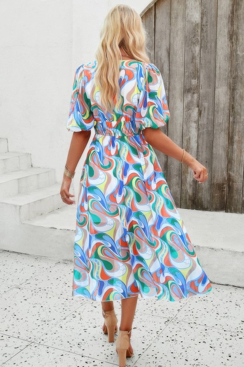 Floral V Neck Puffed Sleeve High Waist Dress - Demented Sisters