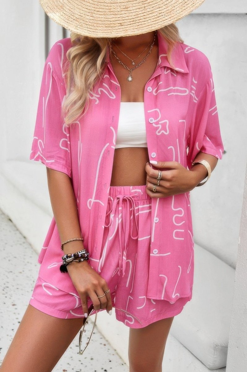 Allover Print Elastic Shorts Two Pieces Button Set - Demented Sisters