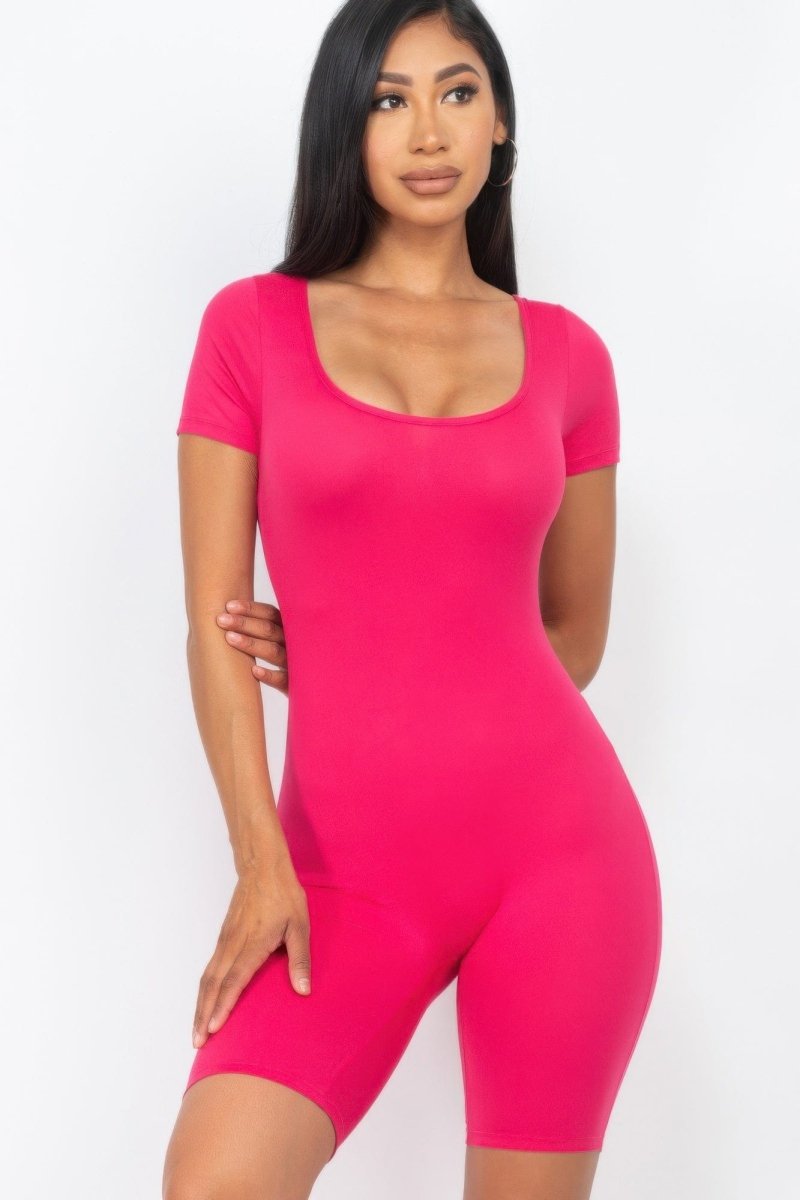 Short Sleeve Scoop Neck Bodycon Romper – Stretchy, Sleek & Curve - Hugging - Demented Sisters