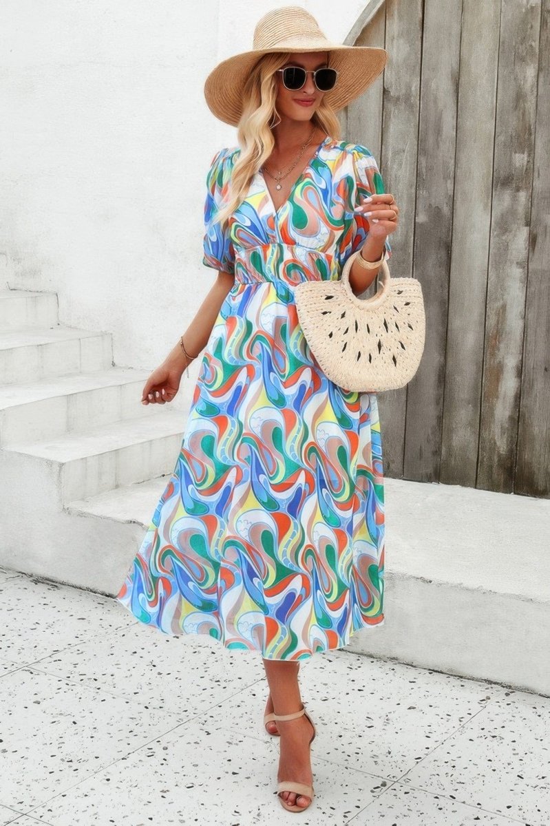 Floral V Neck Puffed Sleeve High Waist Dress - Demented Sisters
