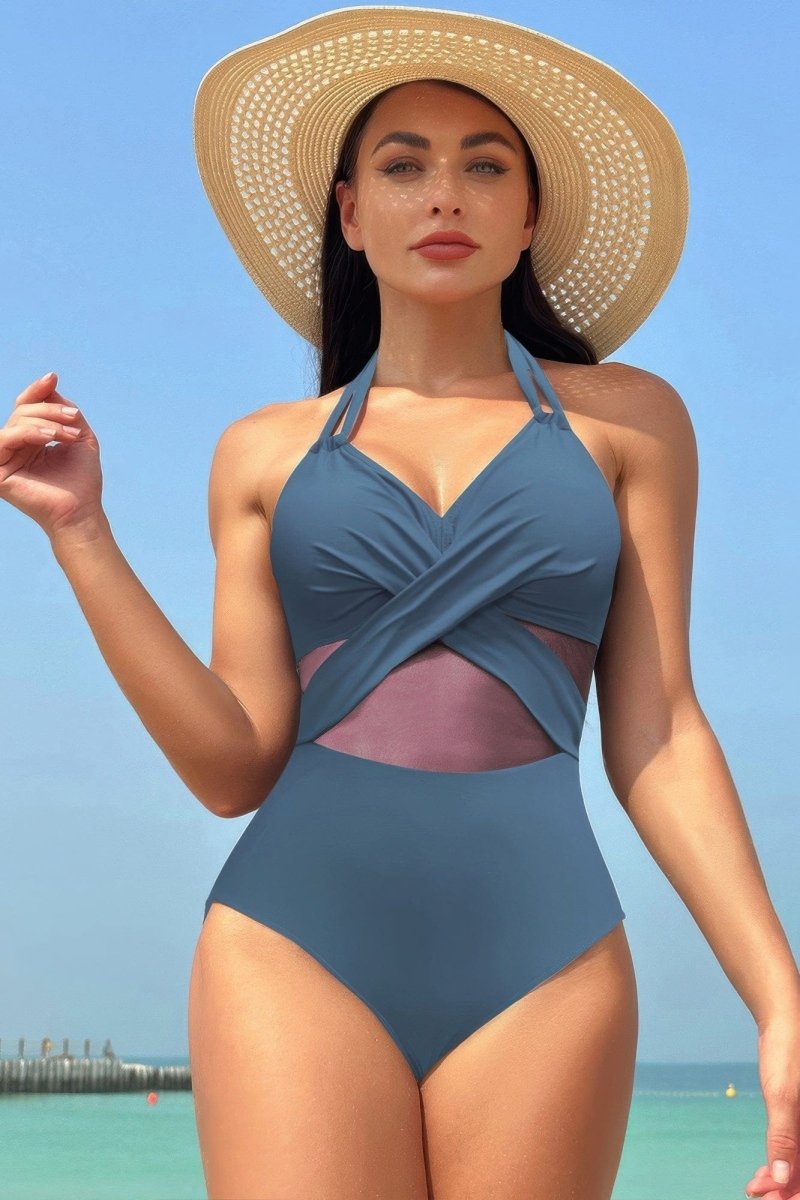 Color Block Halter Swimsuit – Sporty - Chic One - Piece with Cross Lace Detail - Demented Sisters