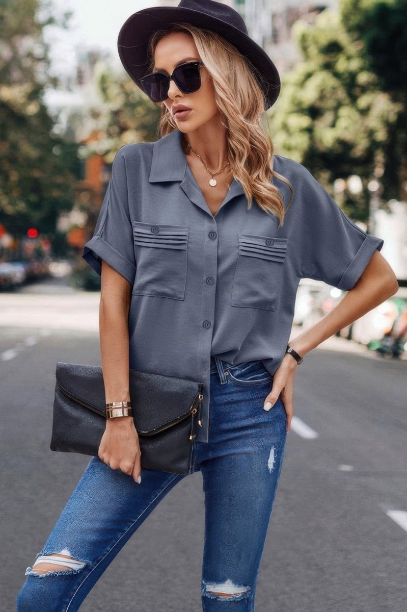 V Neck Button Down Roll Up Sleeve Loose Pocket Blouse - Demented Sisters