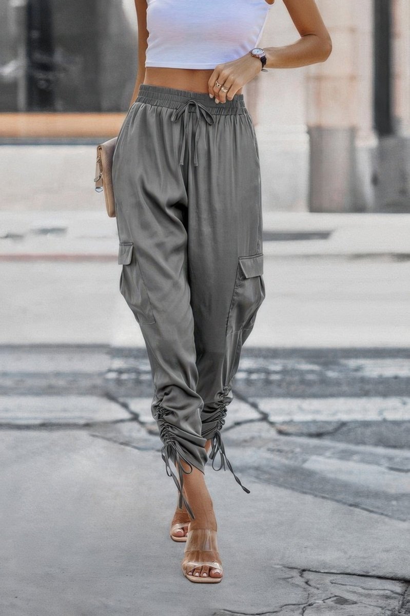 Solid Stacked Hem Pants with Flap Pockets & Drawstring Cuffs - Demented Sisters