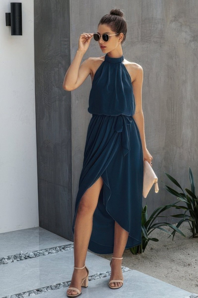 Halter Neck Empire Waist Split Dress with Side Slit - Demented Sisters