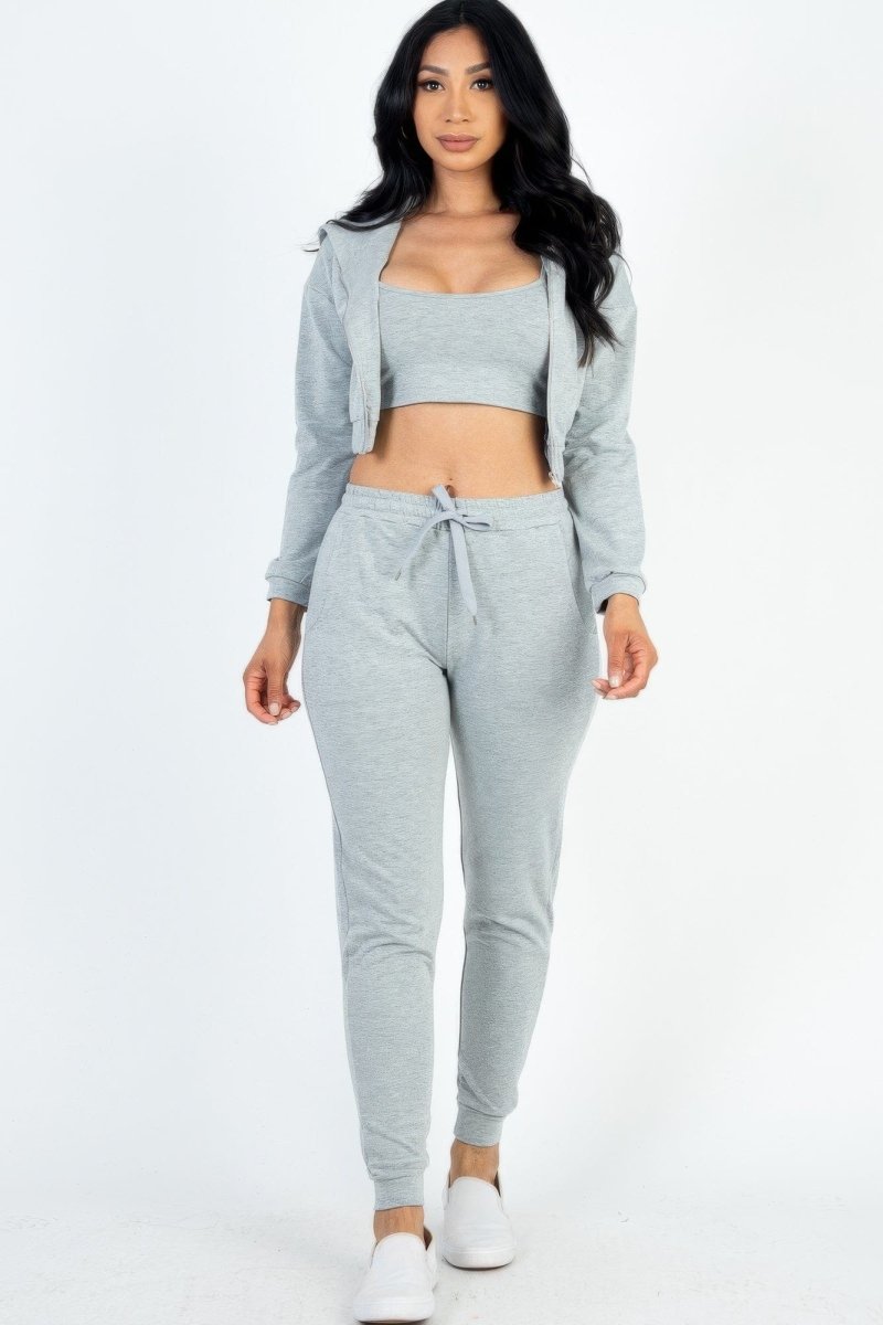 French Terry 3 - Piece Lounge Set with Cropped Cami, Zip Jacket & Joggers - Demented Sisters