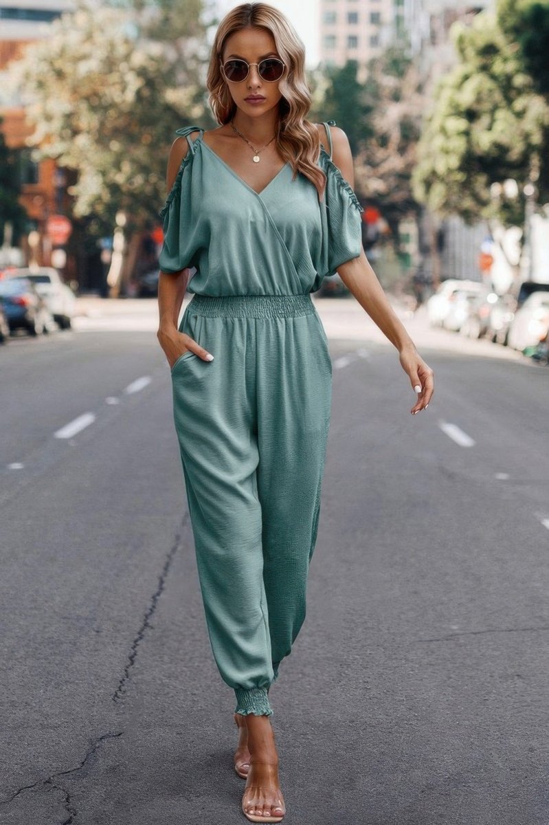Chic Cold Shoulder V - Neck Jumpsuit – Lightweight & Flattering Fit - Demented Sisters