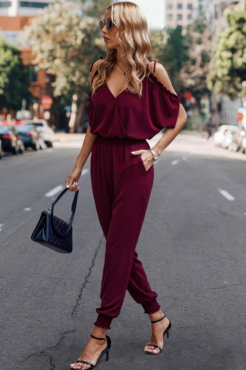 Chic Cold Shoulder V - Neck Jumpsuit – Lightweight & Flattering Fit - Demented Sisters