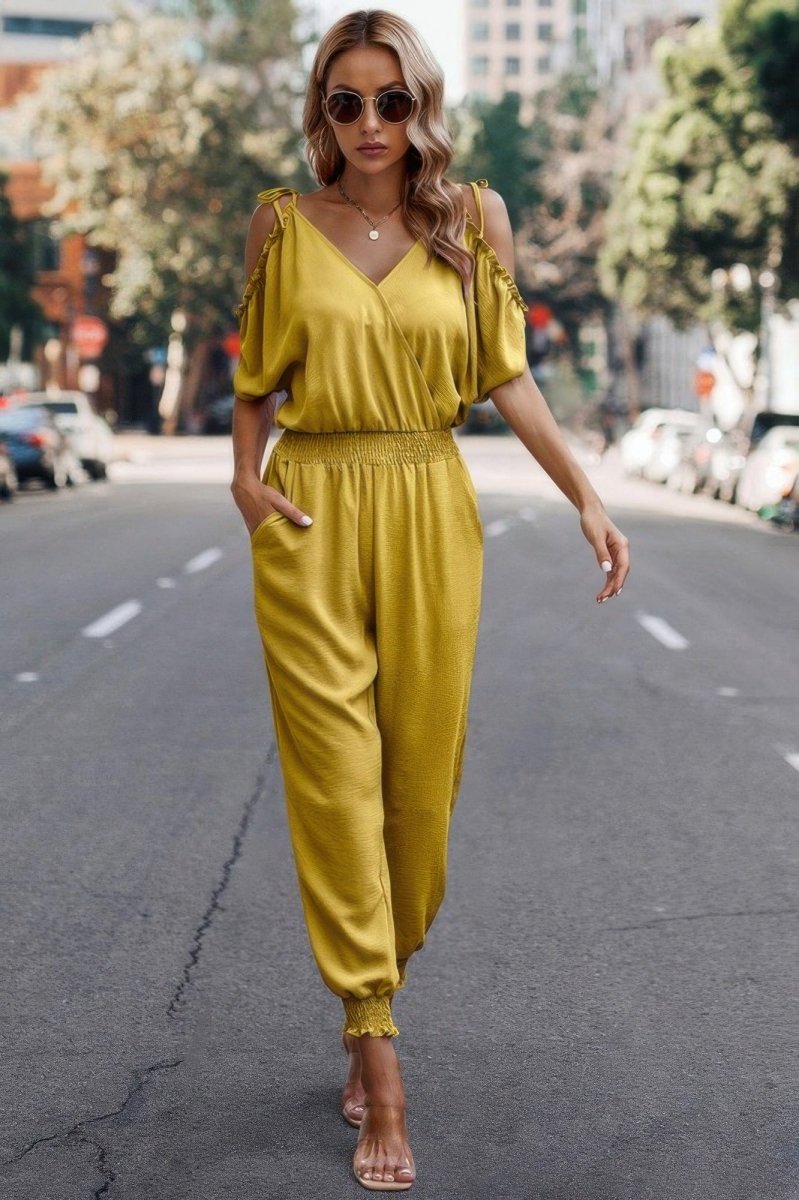 Chic Cold Shoulder V - Neck Jumpsuit – Lightweight & Flattering Fit - Demented Sisters
