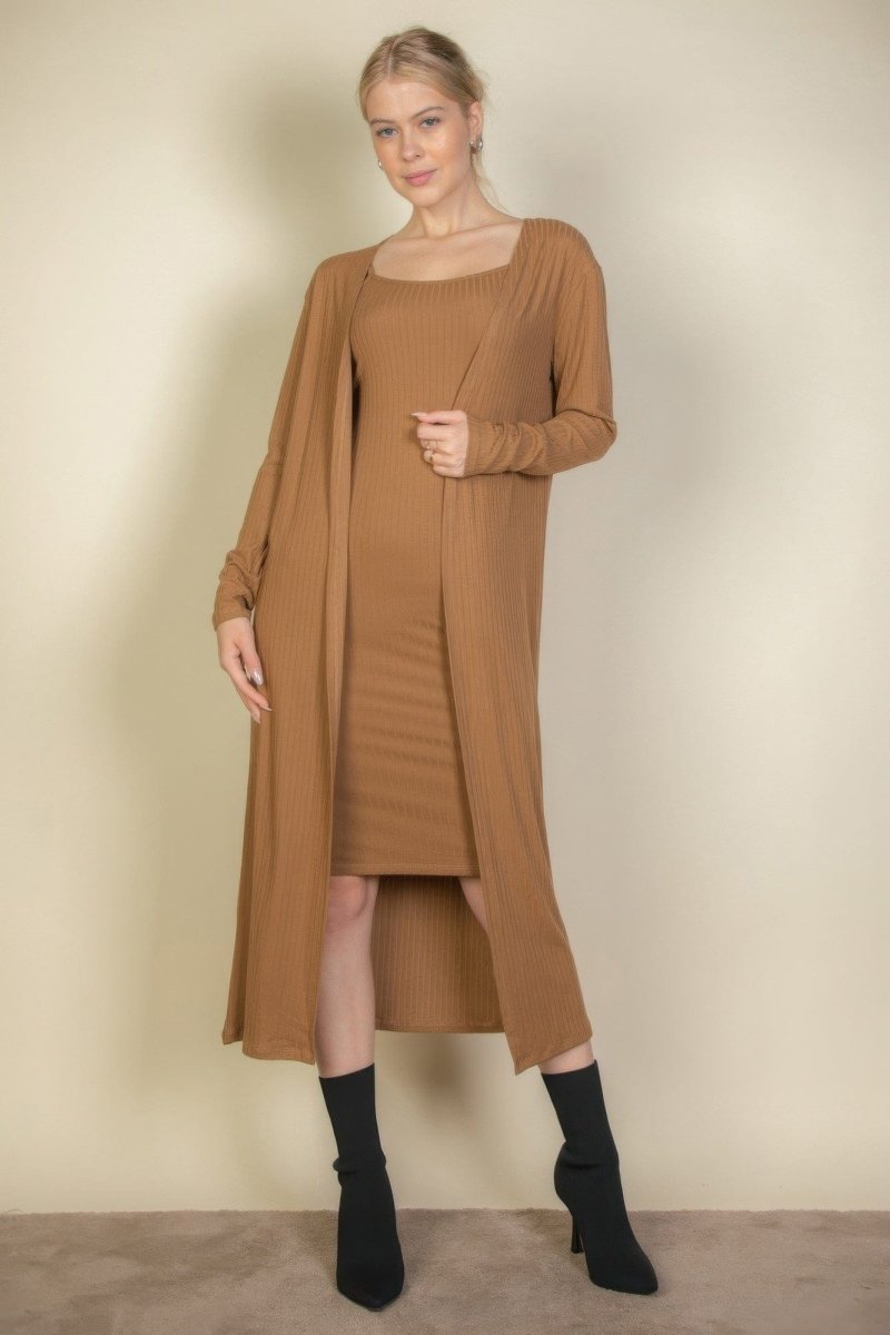 Ribbed Cardigan & Cami Dress Set – 2 - Piece Stretch Midi Bodycon with Soft Knit - Demented Sisters