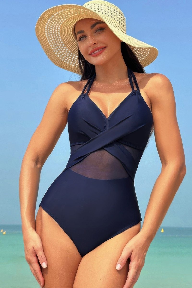 Color Block Halter Swimsuit – Sporty - Chic One - Piece with Cross Lace Detail - Demented Sisters