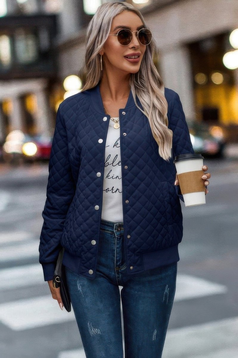 Solid Plaid Stitch Pockets Bomber Jacket - Demented Sisters