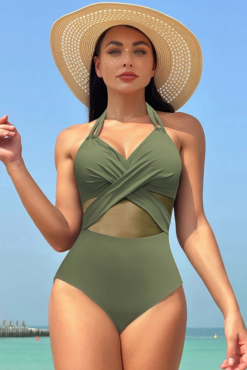 Color Block Halter Swimsuit – Sporty - Chic One - Piece with Cross Lace Detail - Demented Sisters