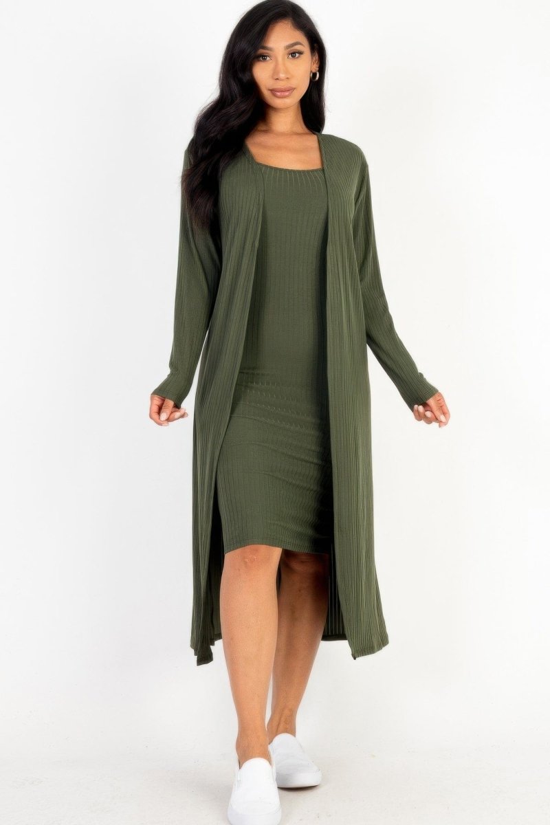 Ribbed Cardigan & Cami Dress Set – 2 - Piece Stretch Midi Bodycon with Soft Knit - Demented Sisters
