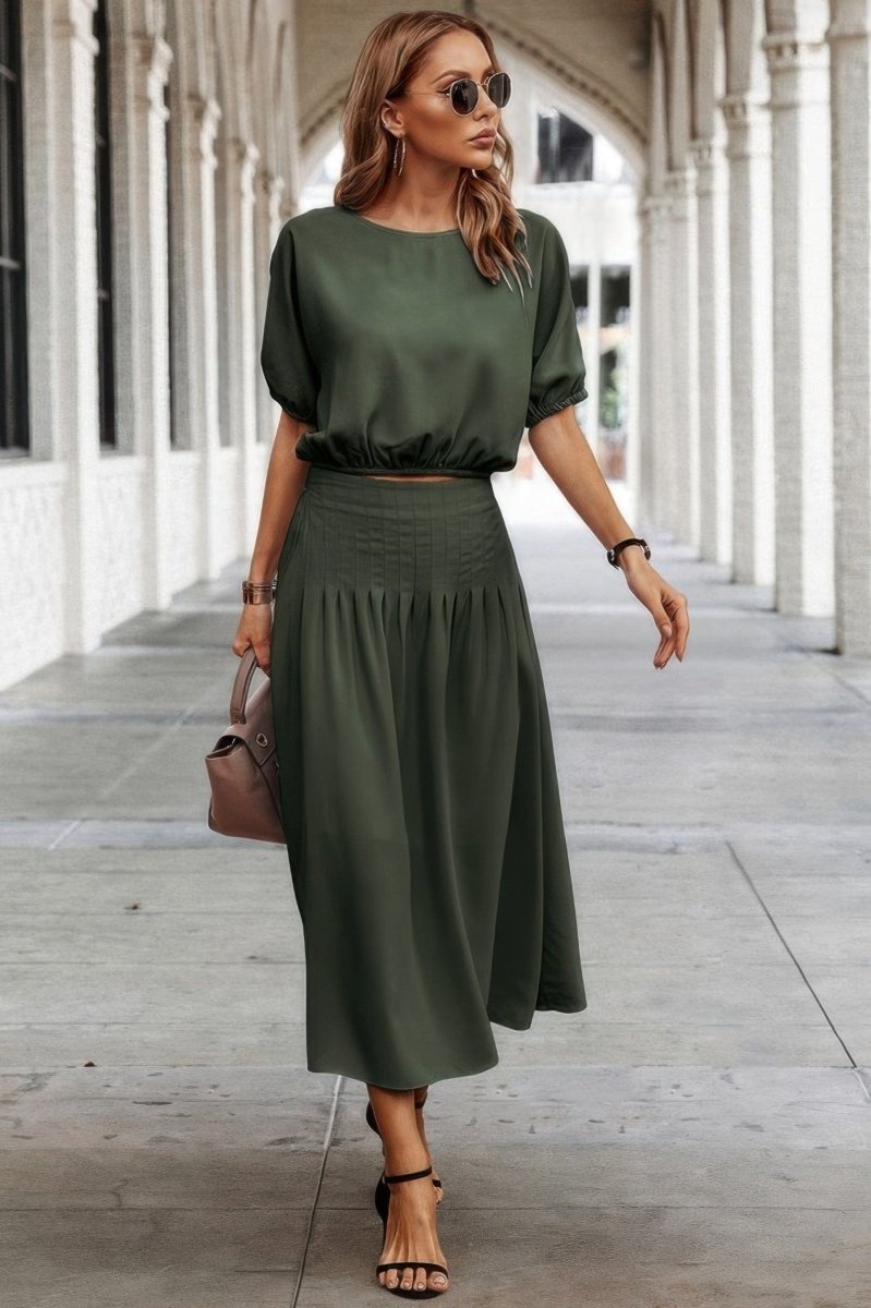 Two Pieces Solid Color Loose Puff Sleeve Pleated Shirt - Demented Sisters