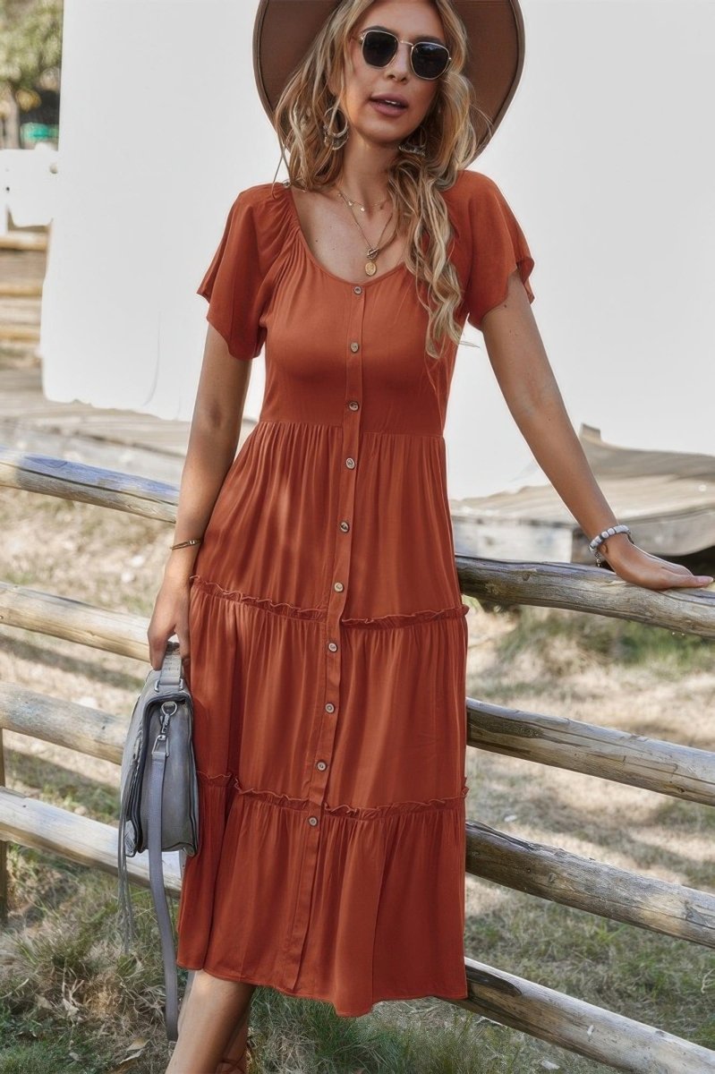 Button V Neck Tiered Short Sleeve Midi Dress - Demented Sisters