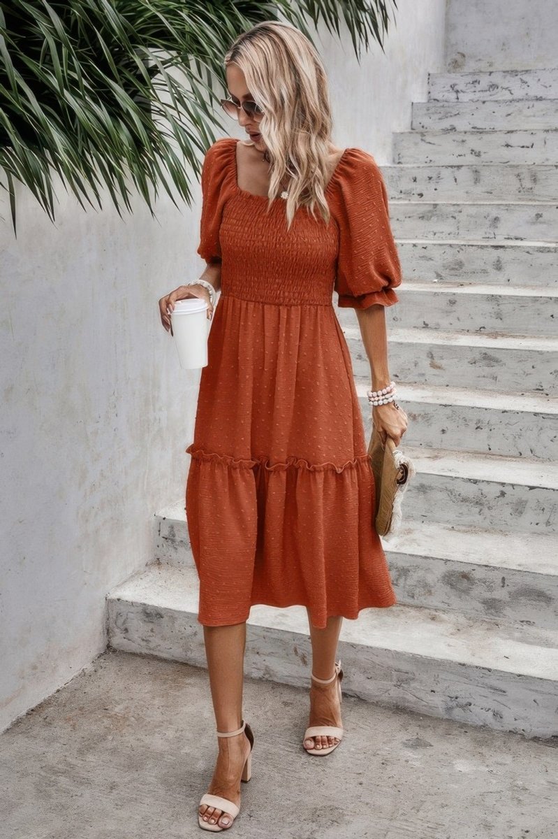 Square Neck Puff Sleeve Ruffle Hem Dress - Demented Sisters