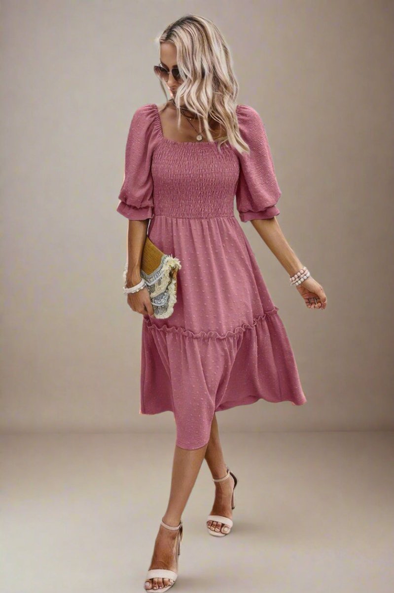 Square Neck Puff Sleeve Ruffle Hem Dress - Demented Sisters