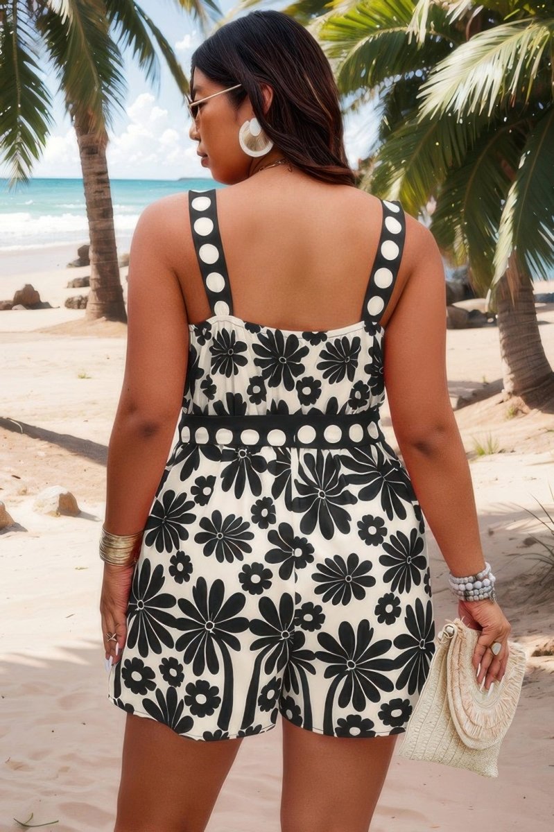 Plus Size Sleeveless Romper with Belted Waist & Vibrant Print - Demented Sisters