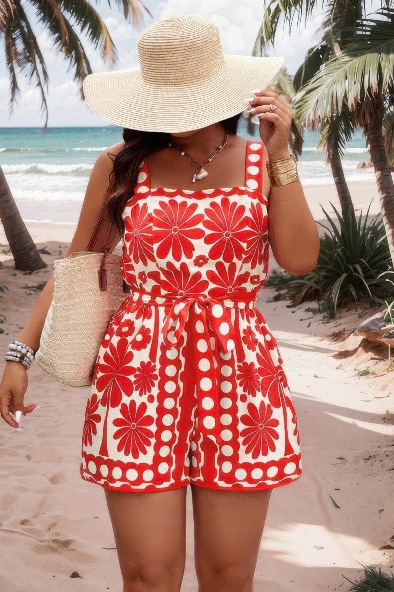 Plus Size Sleeveless Romper with Belted Waist & Vibrant Print - Demented Sisters