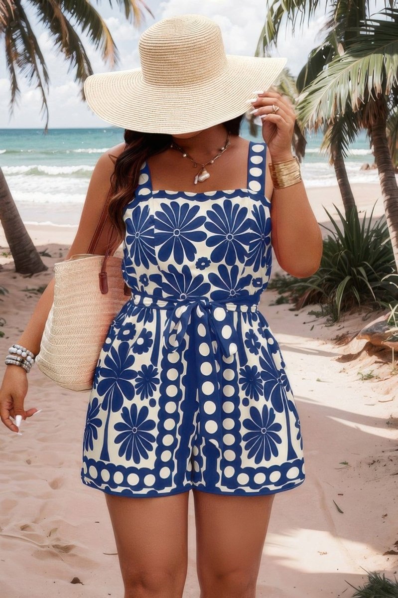 Plus Size Sleeveless Romper with Belted Waist & Vibrant Print - Demented Sisters