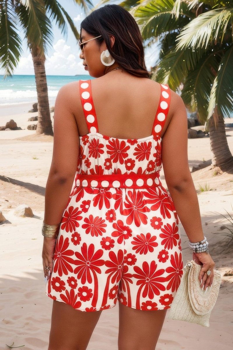 Plus Size Sleeveless Romper with Belted Waist & Vibrant Print - Demented Sisters