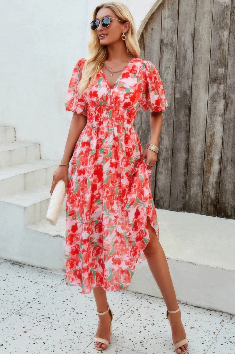 Floral V Neck Puffed Sleeve High Waist Dress - Demented Sisters