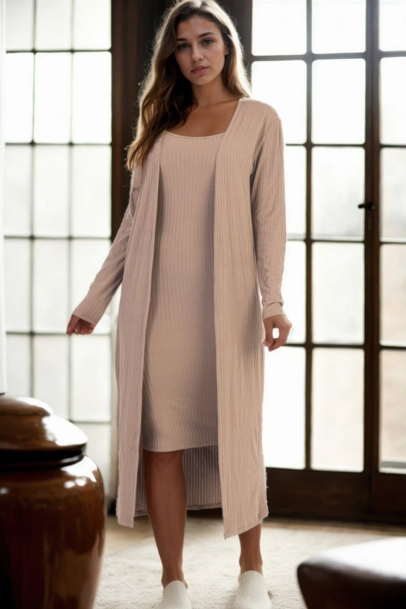 Ribbed Cardigan & Cami Dress Set – 2 - Piece Stretch Midi Bodycon with Soft Knit - Demented Sisters