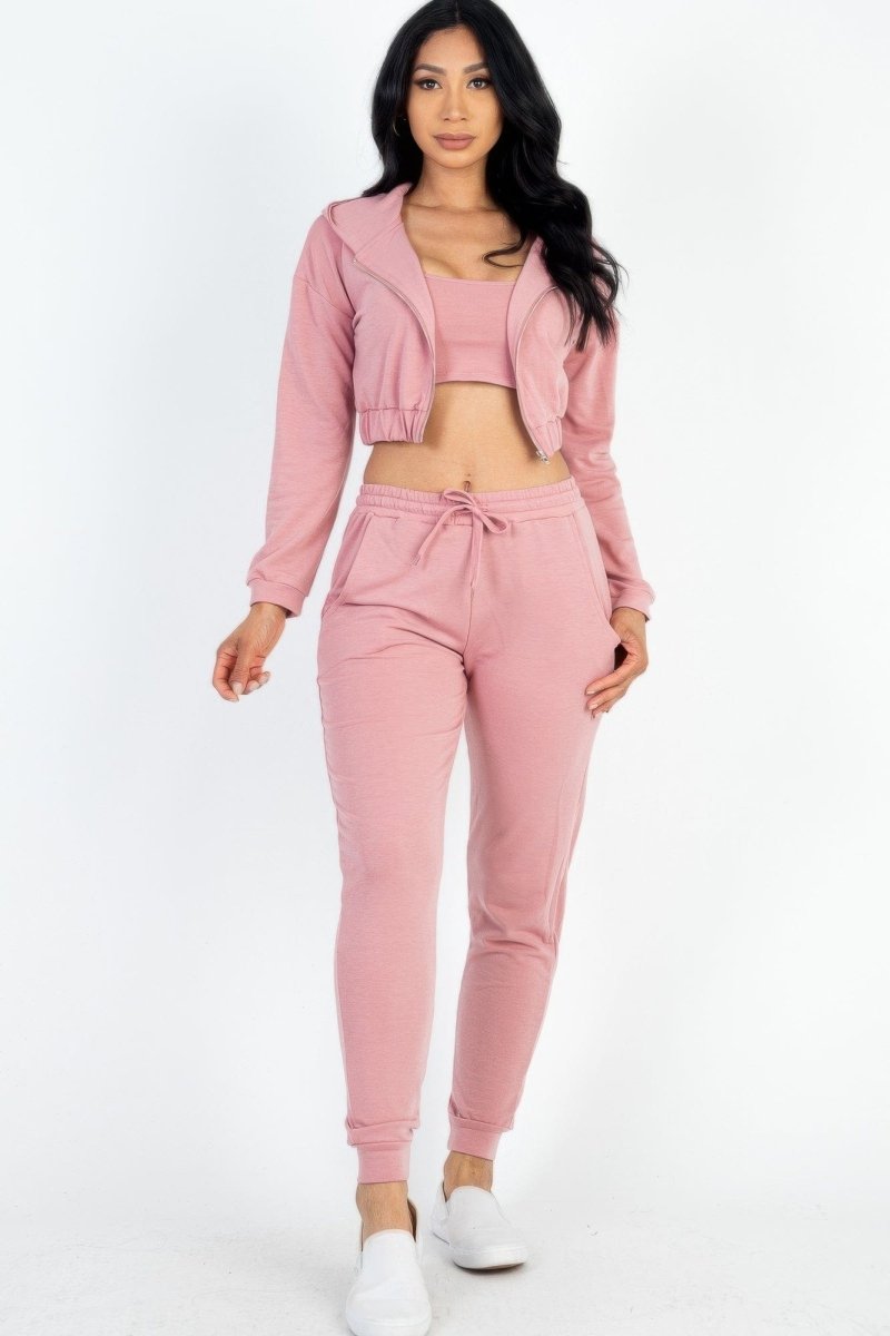 French Terry 3 - Piece Lounge Set with Cropped Cami, Zip Jacket & Joggers - Demented Sisters