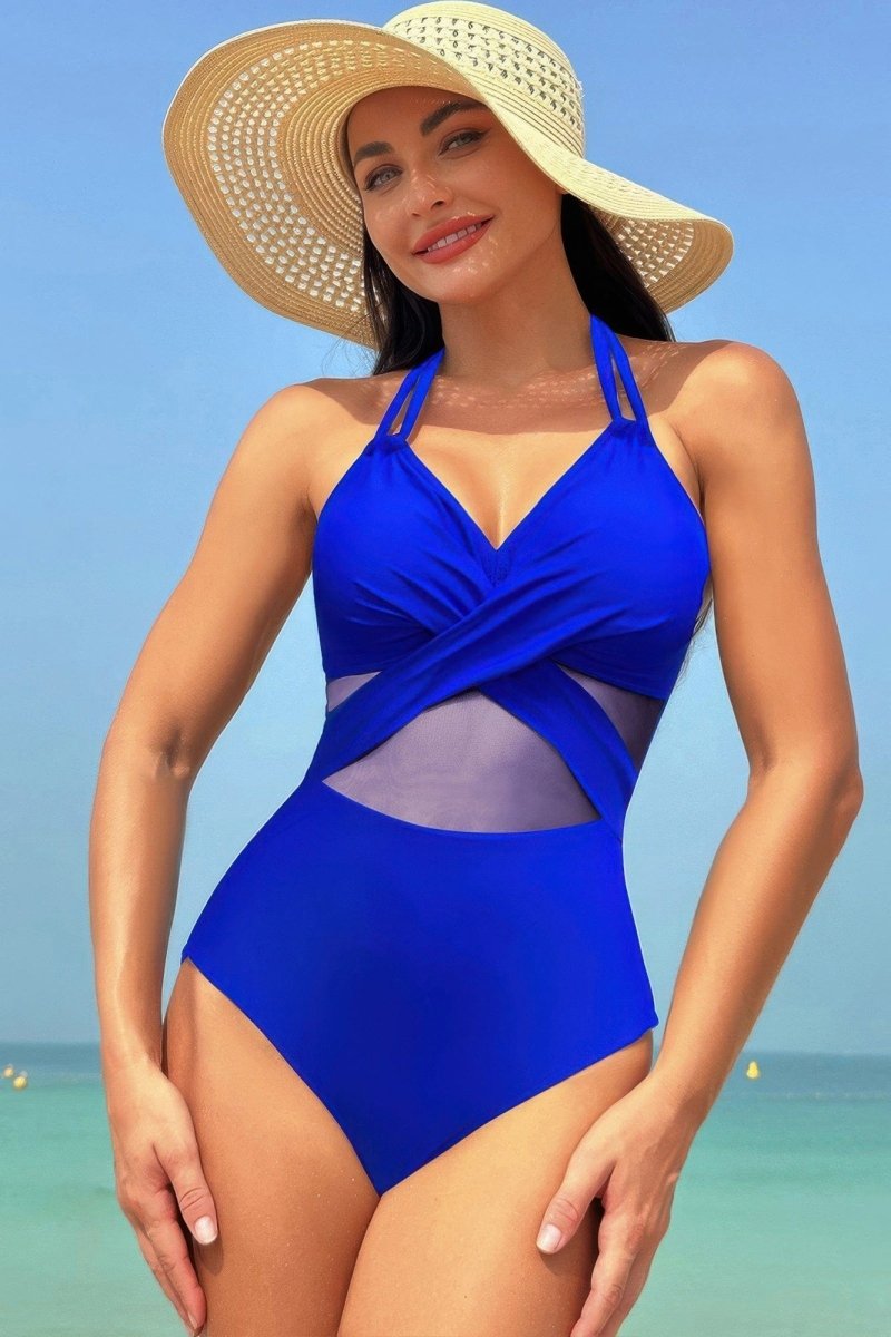 Color Block Halter Swimsuit – Sporty - Chic One - Piece with Cross Lace Detail - Demented Sisters