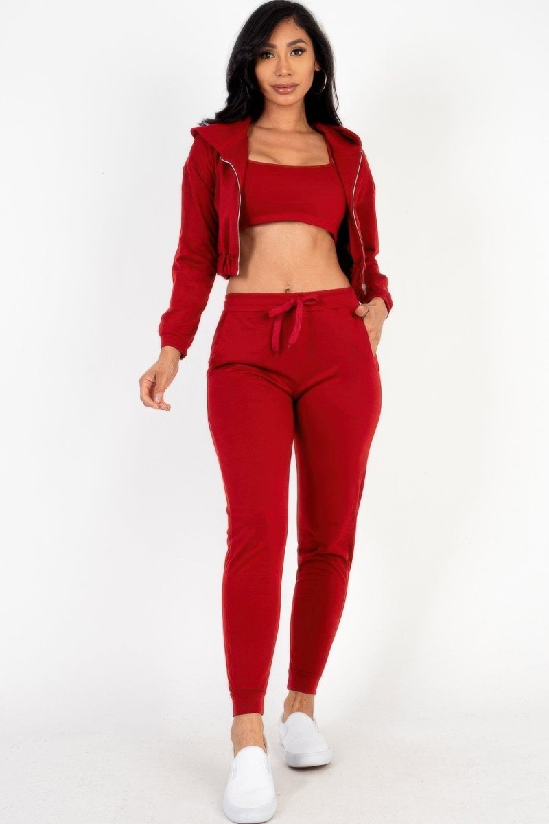 French Terry 3 - Piece Lounge Set with Cropped Cami, Zip Jacket & Joggers - Demented Sisters