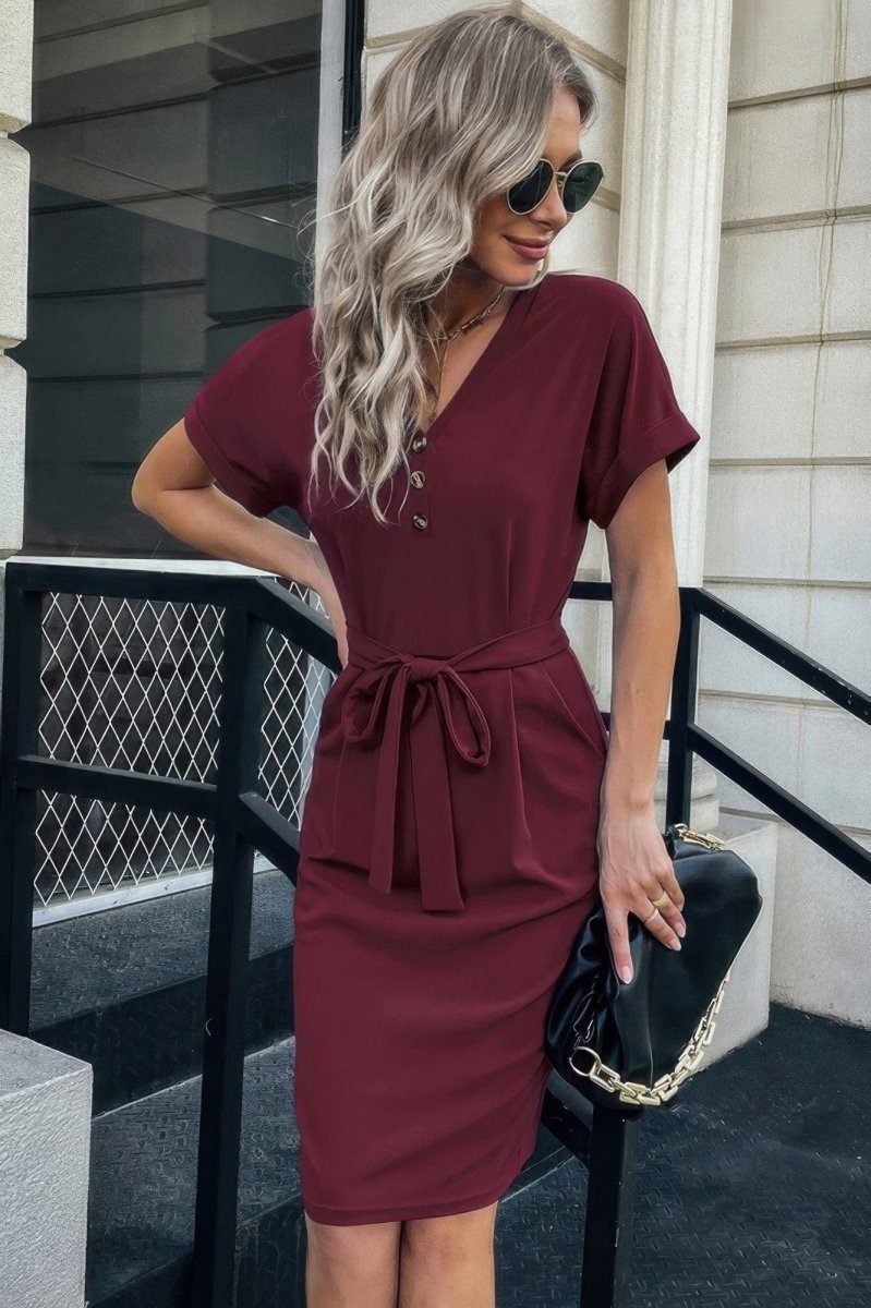 Solid Button Detail Cuffed Pocket Short Dress - Demented Sisters