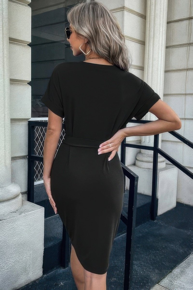 Solid Button Detail Cuffed Pocket Short Dress - Demented Sisters