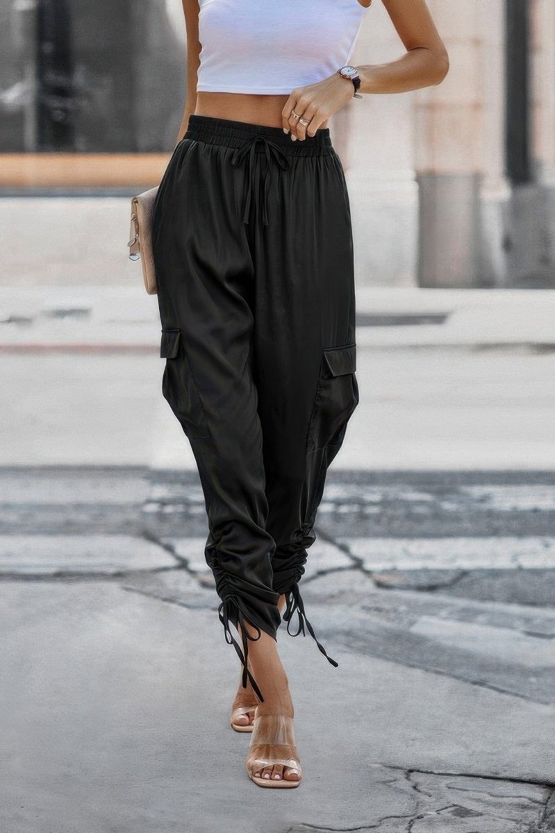 Solid Stacked Hem Pants with Flap Pockets & Drawstring Cuffs - Demented Sisters