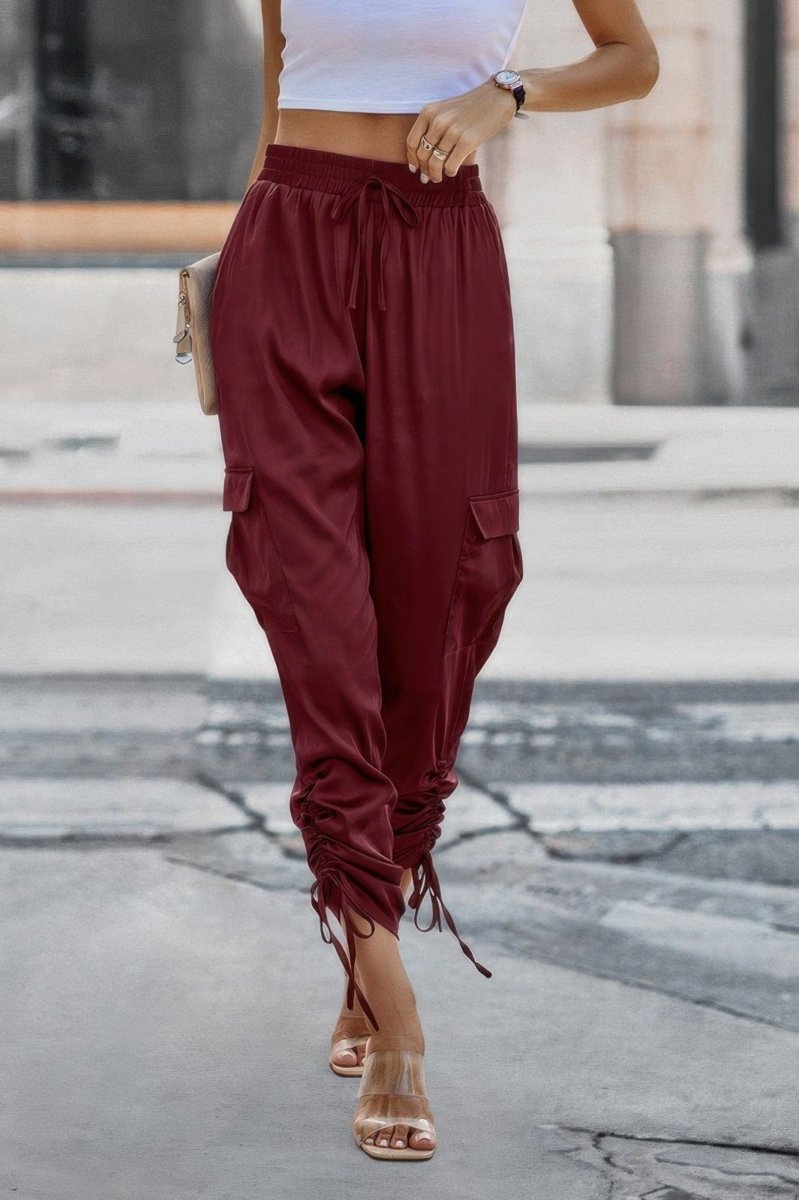 Solid Stacked Hem Pants with Flap Pockets & Drawstring Cuffs - Demented Sisters
