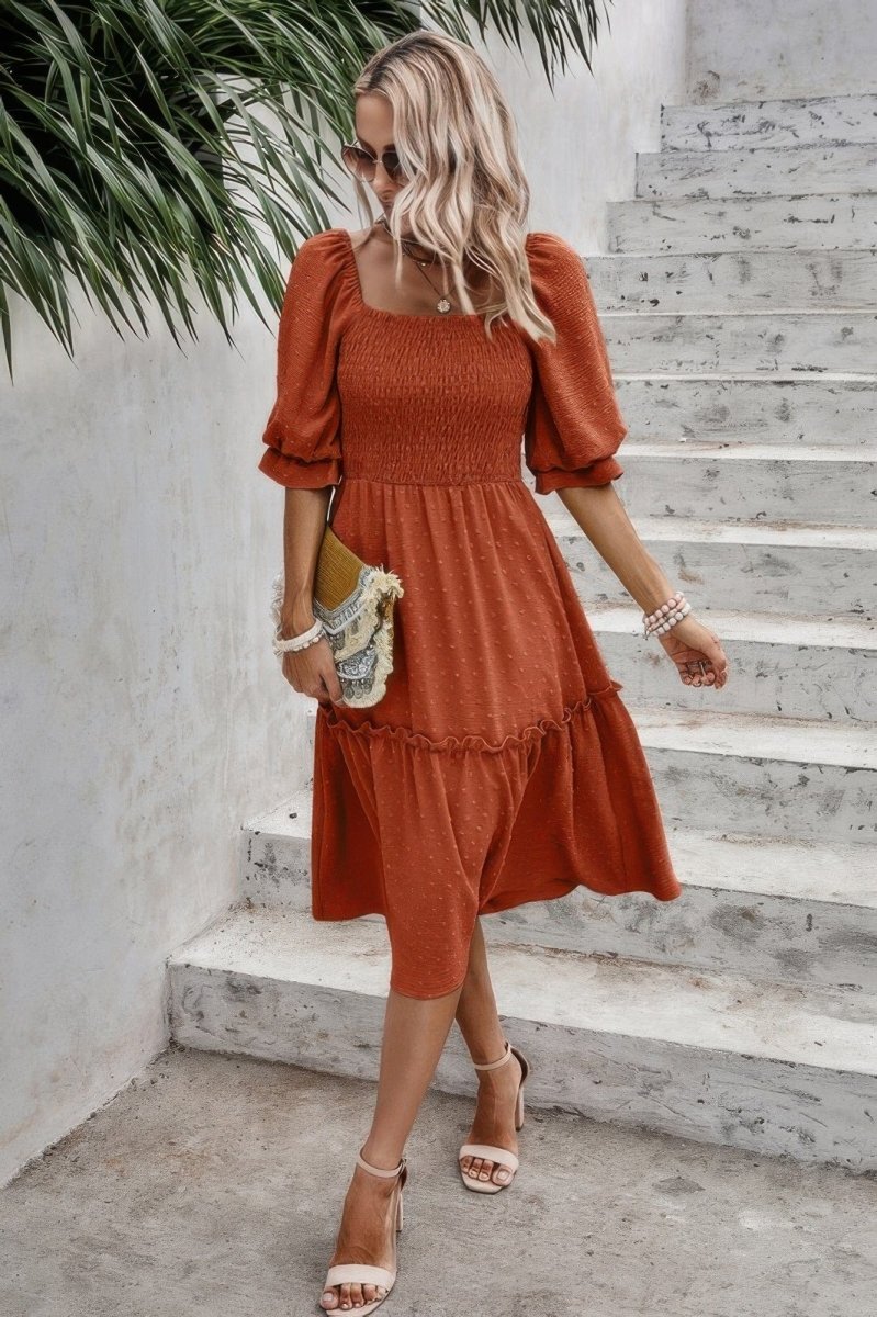 Square Neck Puff Sleeve Ruffle Hem Dress - Demented Sisters