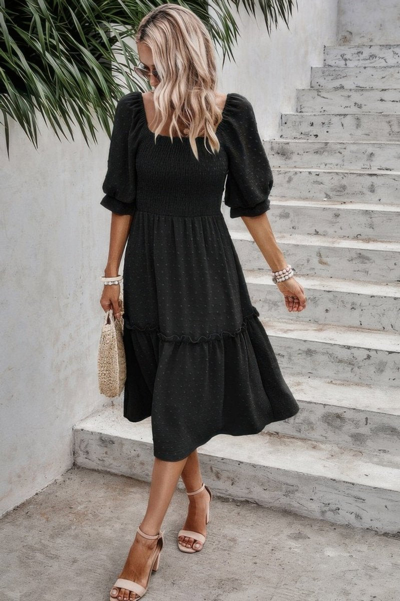 Square Neck Puff Sleeve Ruffle Hem Dress - Demented Sisters