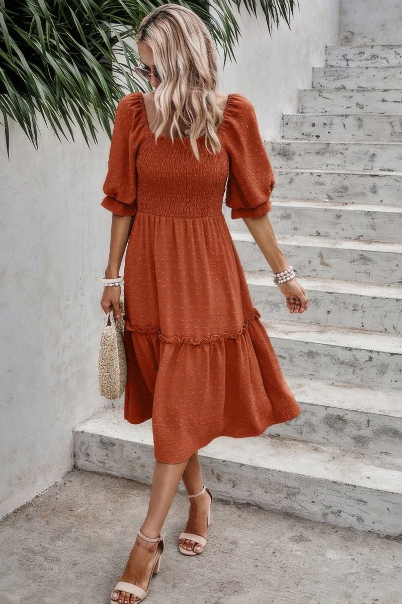 Square Neck Puff Sleeve Ruffle Hem Dress - Demented Sisters