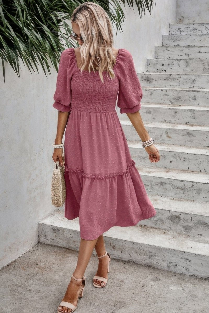 Square Neck Puff Sleeve Ruffle Hem Dress - Demented Sisters