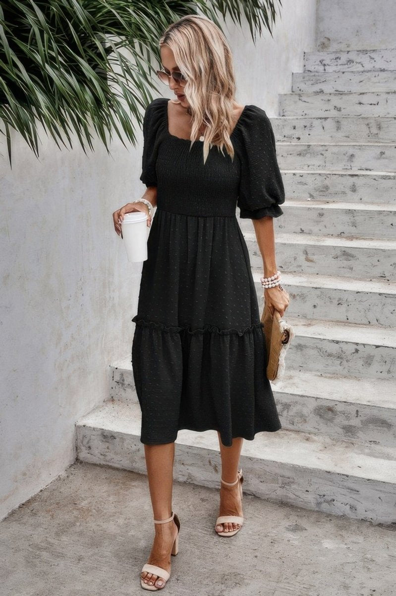 Square Neck Puff Sleeve Ruffle Hem Dress - Demented Sisters