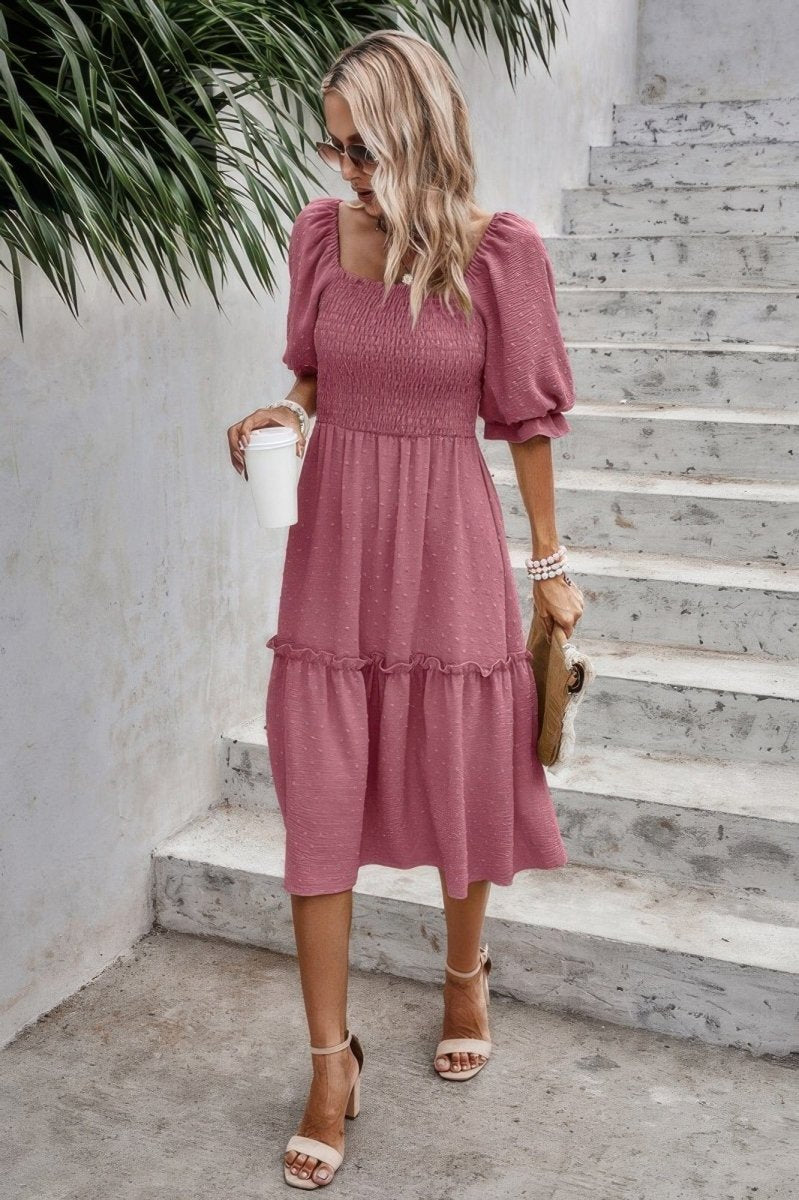 Square Neck Puff Sleeve Ruffle Hem Dress - Demented Sisters