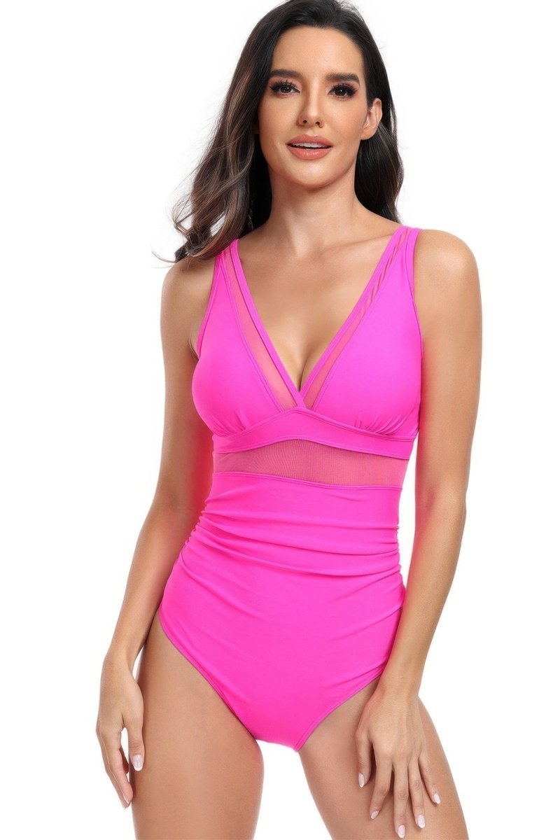 Deep V - Neck One - Piece Swimsuit with Lace Trim – Sculpting & Flirty Fit - Demented Sisters