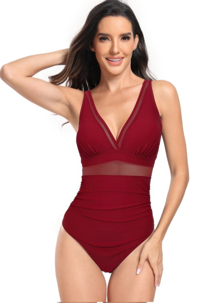 Deep V - Neck One - Piece Swimsuit with Lace Trim – Sculpting & Flirty Fit - Demented Sisters