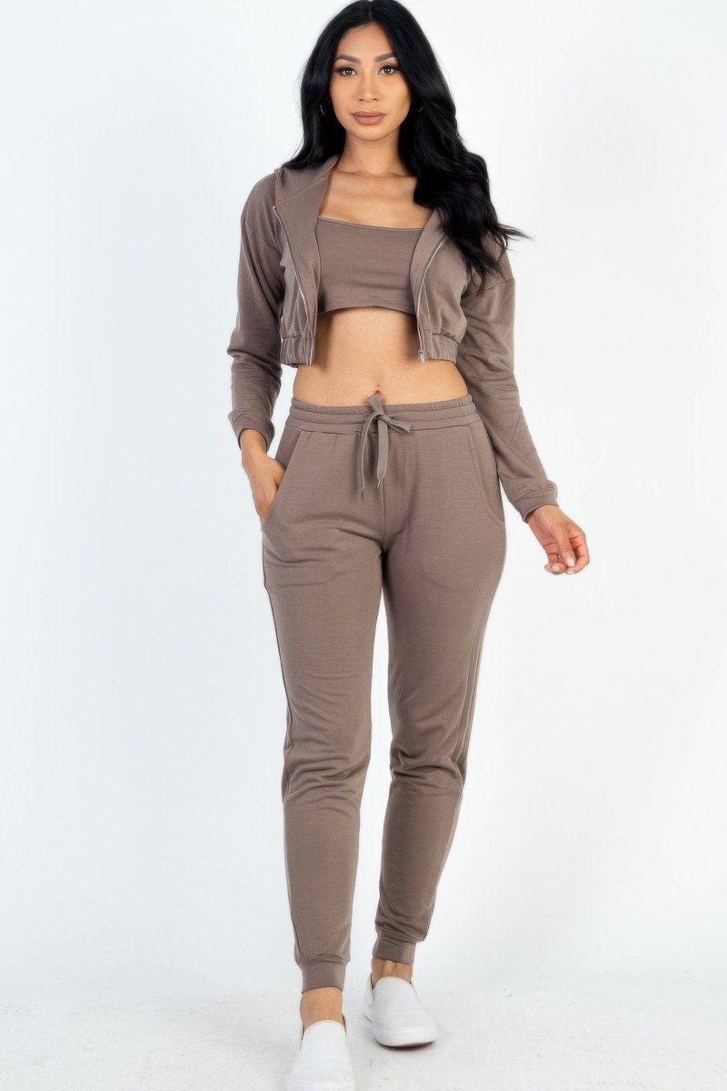 French Terry 3 - Piece Lounge Set with Cropped Cami, Zip Jacket & Joggers - Demented Sisters